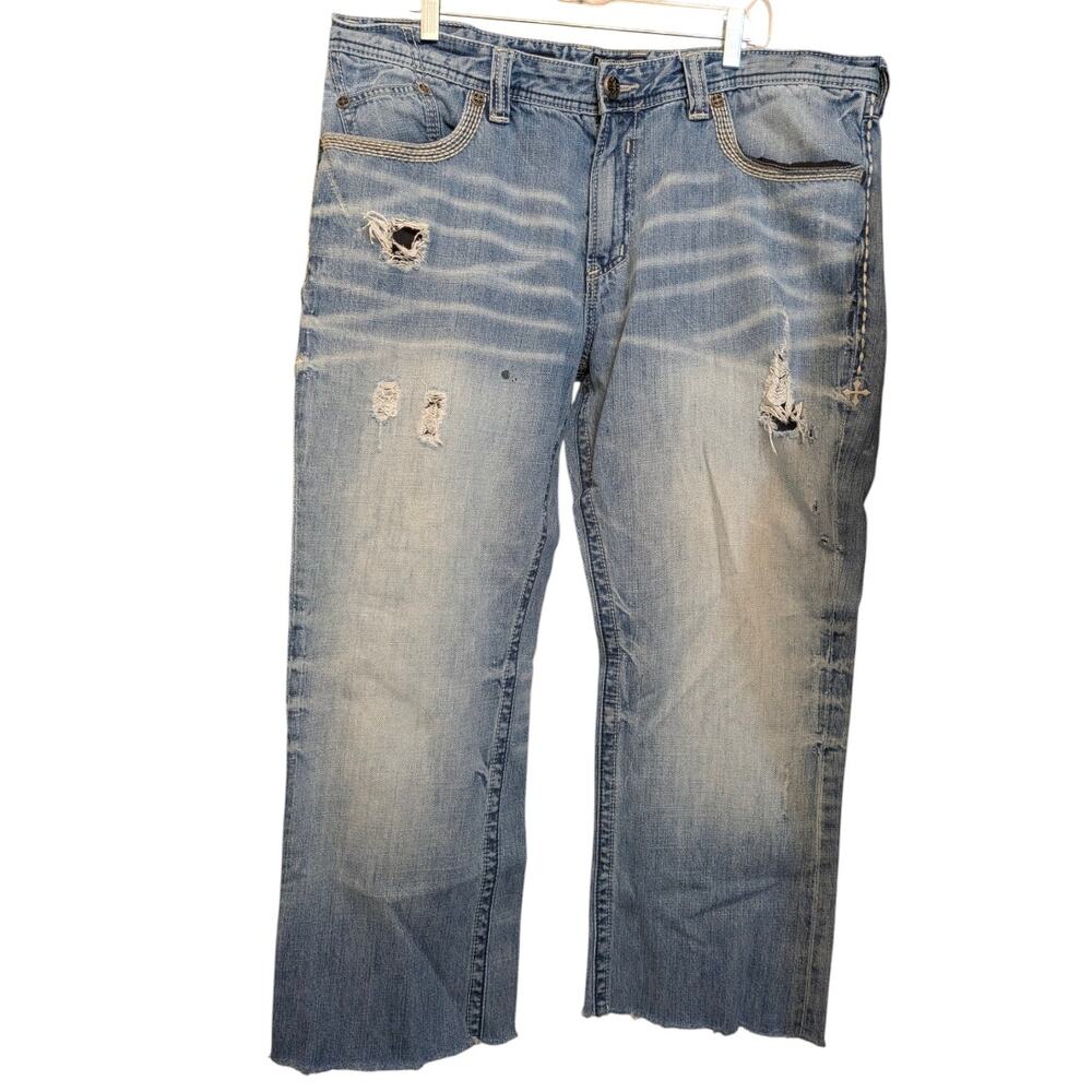 AFFLICTION Blake Straight Leg Fit Denim Jeans  Men's 40 Light Wash Raw Edge